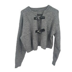 Dark Academia Buckle Cardigan S Cropped Cable Knit Gray Whimsigoth Y2K